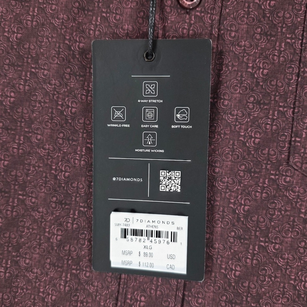 7 Diamonds Athens 4 Way Stretch Short Sleeve Button Down Shirt Mens XL Burgundy - Picture 6 of 9